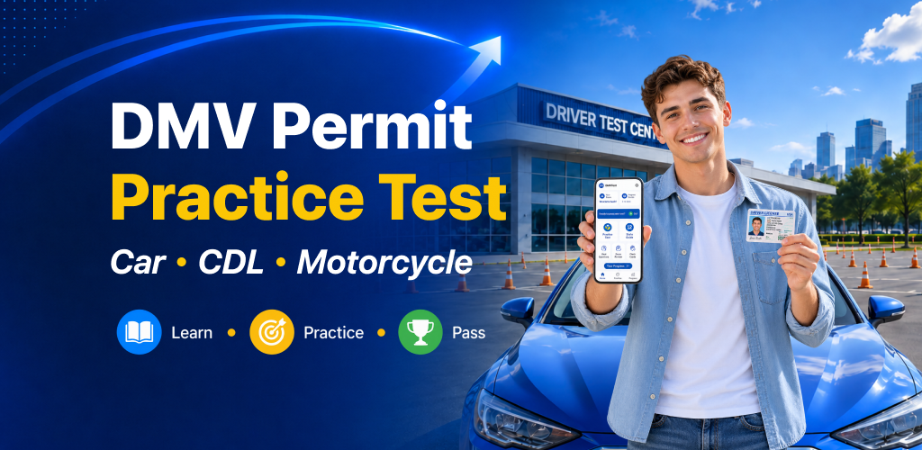 DMV Permit Practice app for car, CDL, and motorcycle study