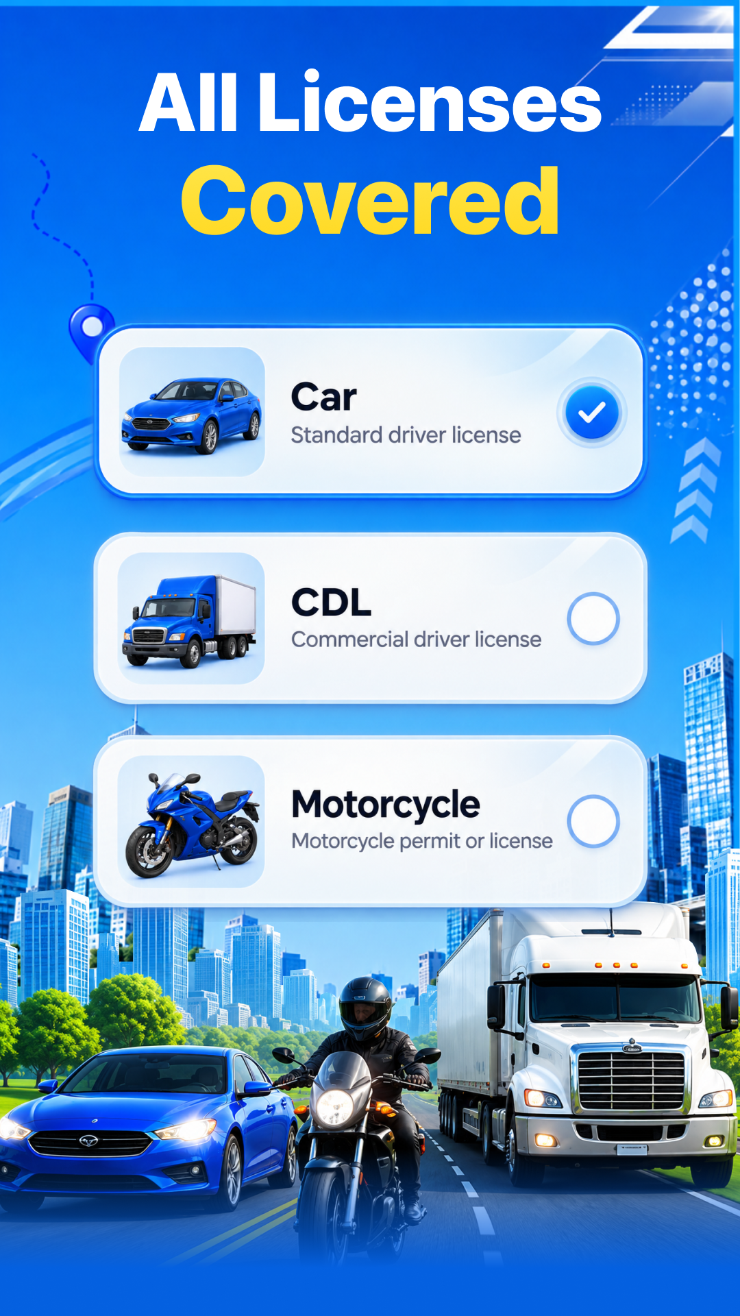 Car, CDL, and motorcycle study options